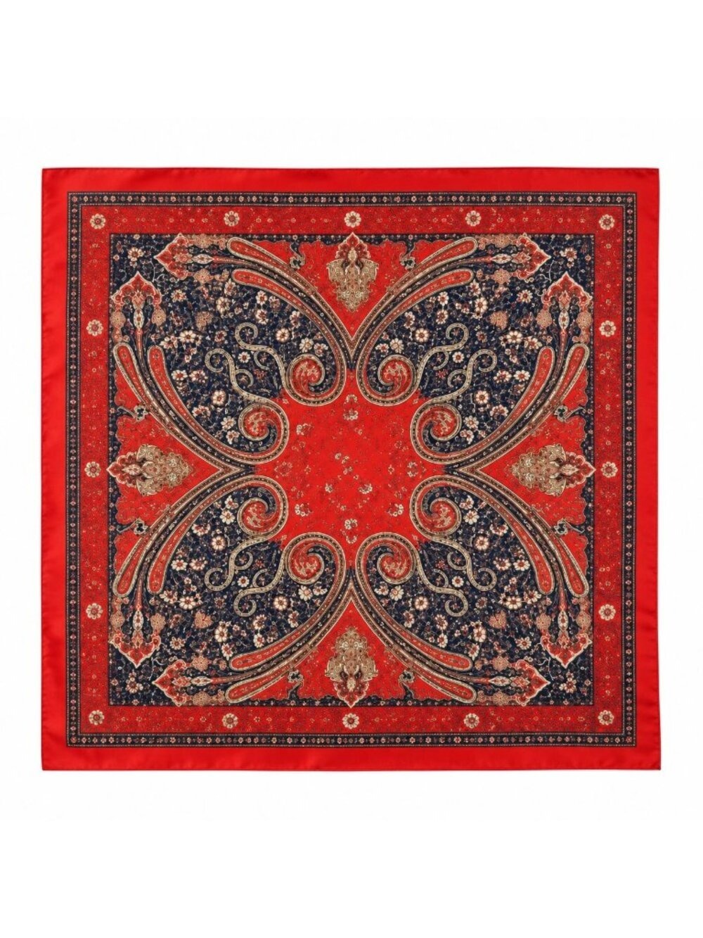 Orange Red Navy Paisley Scarf 26x26 Satin
